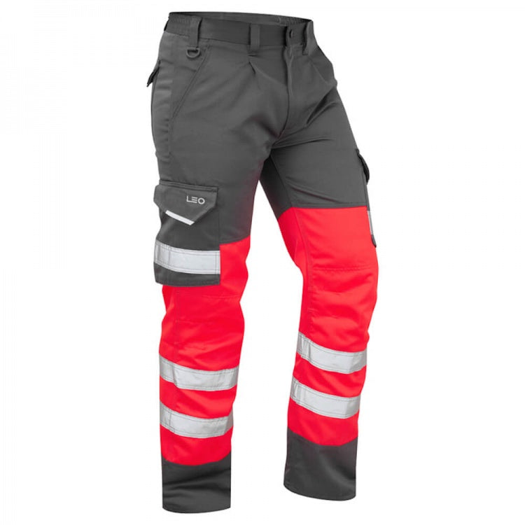 Leo Workwear BIDEFORD ISO 20471 Class 1 Cargo Trouser Red/Grey