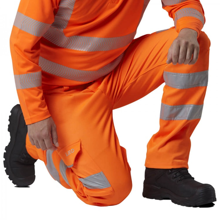Leo Workwear KINGFORD ISO 20471 Class 1 EcoViz® PCX Stretch Cargo Trouser Orange