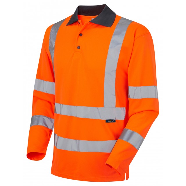 Leo Workwear WOOLSERY ISO 20471 Class 3 Coolviz Sleeved Polo Shirt (EcoViz) Orange