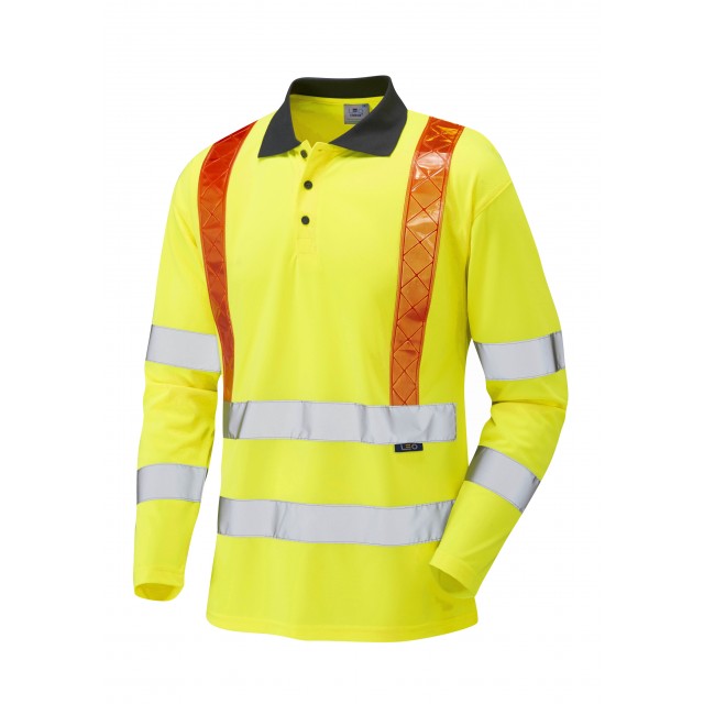 Leo Workwear BICKLETON ISO 20471 Class 3 Orange Brace Coolviz Sleeved Polo Shirt (EcoViz) Yellow