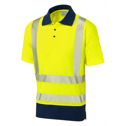 Leo Workwear MORTEHOE ISO 20471 Class 2 Dual Colour Coolviz Plus Polo Shirt Yellow/Navy