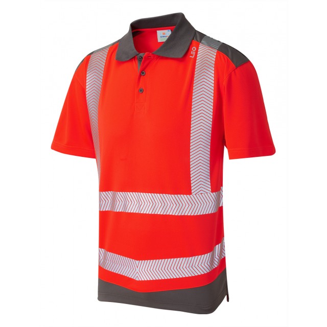 Leo Workwear PEPPERCOMBE ISO 20471 Class 2 Coolviz Plus Polo Shirt Red/Grey