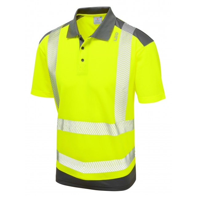 Leo Workwear PEPPERCOMBE ISO 20471 Class 2 Coolviz Plus Polo Shirt Yellow/Grey