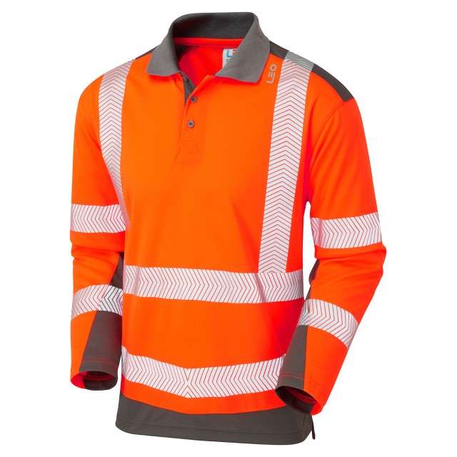 Leo Workwear WRINGCLIFF ISO 20471 Class 2 Coolviz Plus Sleeved Polo Shirt Orange/Grey