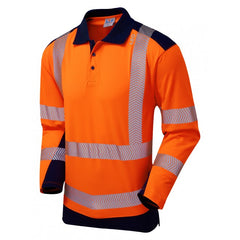 Leo Workwear WRINGCLIFF ISO 20471 Class 2 Coolviz Plus Sleeved Polo Shirt Orange/Navy