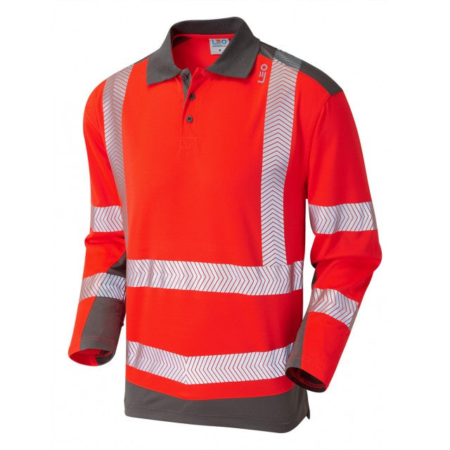 Leo Workwear WRINGCLIFF ISO 20471 Class 2 Coolviz Plus Sleeved Polo Shirt Red/Grey