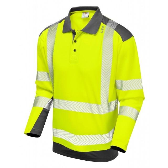 Leo Workwear WRINGCLIFF ISO 20471 Class 2 Coolviz Plus Sleeved Polo Shirt Yellow/Grey