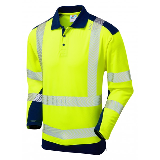 Leo Workwear WRINGCLIFF ISO 20471 Class 2 Coolviz Plus Sleeved Polo Shirt Yellow/Navy