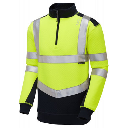 Leo Workwear TAPELEY Dual Colour Hi Vis 1/4 Zip Sweatshirt Yellow/Navy