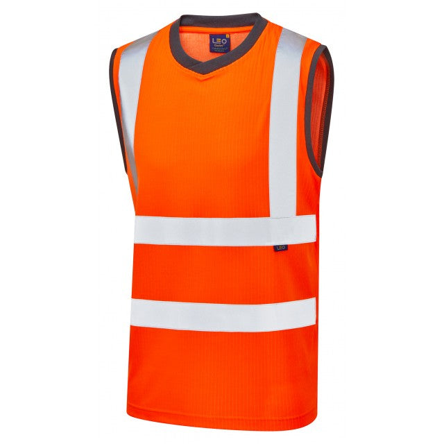 Leo Workwear ASHFORD ISO 20471 Class 2 Comfort EcoViz®PB Sleeveless T-Shirt Orange V01-O-LEO
